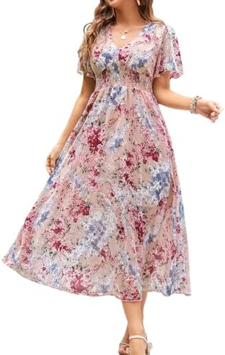 Women's Floral Maxi Dress Flowy V Neck Empire Waist Summer Weddin...