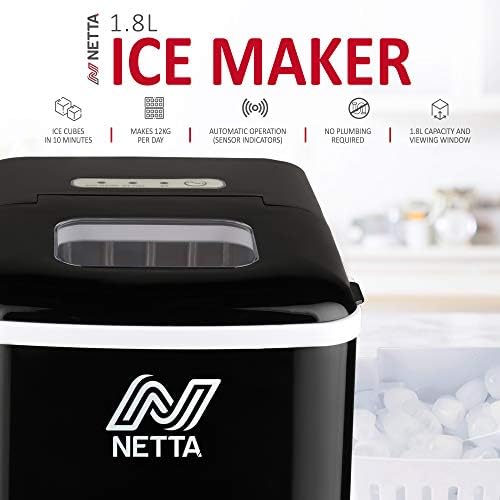 NETTA Ice Maker Machine for Home Use Makes Cubes in 10 Minutes - Large 12kg Capacity 1.8L Tank - No Plumbing Required - Includes Scooper and Removable Basket - Black