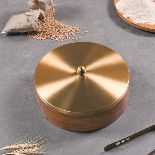 Image of Wooden Masala & Chapati Box Combo - Wooden Masala Box (7 Stainless Steel Jars + Spoon) & Wooden Chapati /Roti Box (Stainless Steel Brass Lid + Tong) - Gold (Plane)