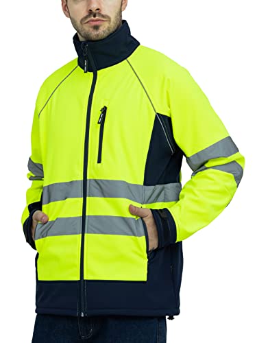 Work Idea Men's Safety Jacket High Visibility Reflective Softshell Jacket Hi-Vis Waterproof And Windbreaker With Fleece Lined(Yellow) #TOP1