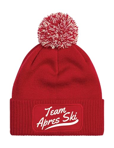 NIMAMA Mütze Beanie Team Apres Ski Strick Bommel Wintermütze Statement Lustiger Spruch Unisex Strickmütze für Herren & Damen - Rot