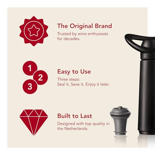 Miniatura 3 de Vacu Vin Concerto Bomba De Vacío Negra Con 4 Tapones Conserva Vino Tinto Y Blanco Sellado Hermético Con Indicador De Click Set Premium Para Conservar Vino Fabricado En Países Bajos