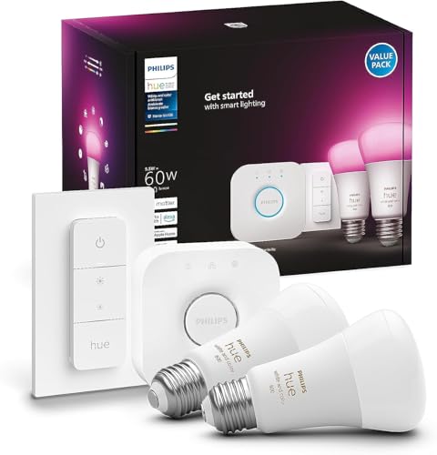 Philips Hue Smart Light Starter Kit - Includes (1) Bridge, (1) Dimmer Switch and (2) A19 LED Bulbs - White and Color Ambiance Color-Changing Light - 800LM - E26 - Control with App or Voice Assistant by Philips Hue - Used condition - US$94.62