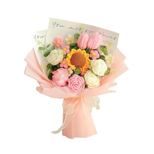 Folpus かぎ針編みの 花ブーケニット 花束 バラ 造花 カーネーション 枯れない花 ひまわり誕生日 母の日 父の日 プレゼント ママのための人工花の贈り物 薔薇造花 人気ギフト 父の日の手作りの装飾 敬老の日 お祝い 感謝 お礼 バラ花束, ピンク