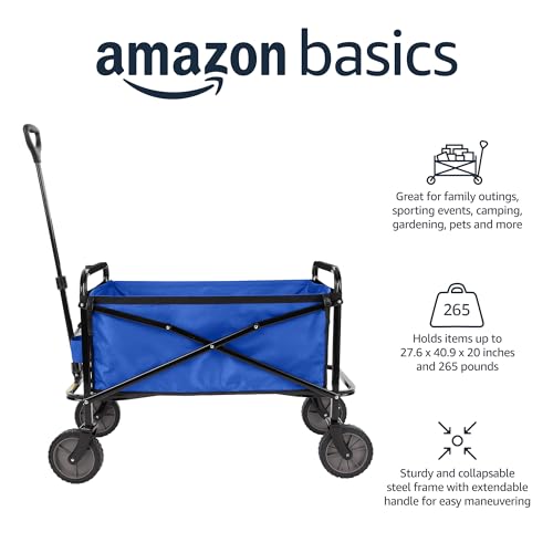 Image of Amazon Basics Collapsible Heavy Duty Utility Wagon for Outdoor Sports, Camping, Garden, and Shopping, Versatile, Easy to Store, 265 Pounds Capacity, 27.6 x 40.9 x 20 inches, Blue