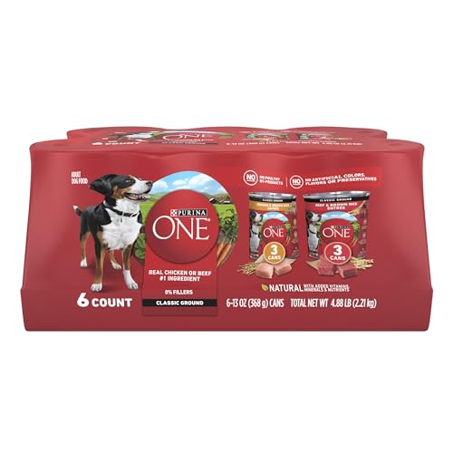 Purina ONE Classic Ground Chicken and Brown Rice, and Beef and Brown Rice Entrees Wet Dog Food Variety Pack – (Pack of 6) 13 oz. Cans