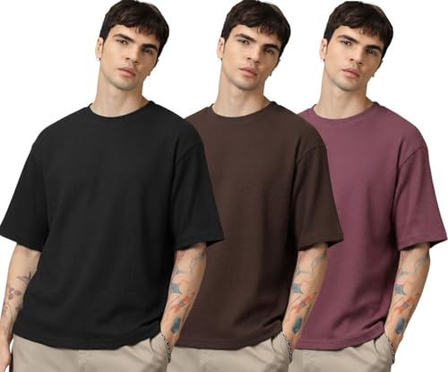 Image of RodZen Oversized Baggy Fit Half Sleeves Round Neck Solid Cotton Blend Combo T-Shirt for Men (Pack of 3)
