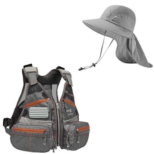 Youths Fly Fishing Vest with Multiple Pockets(One Size) & Kids UPF 50+ Wide Brim Sun Hat with Neck Flap(Light Grey-Large) Bundle