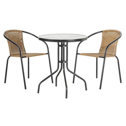 LOLAhome | Conjunto Jardín y Exterior 1 Mesa y 2 Sillas | 2 Sillones Apilables Ratán Natural | Mesa de Cristal y Acero para Balcón o Terraza | Trivia