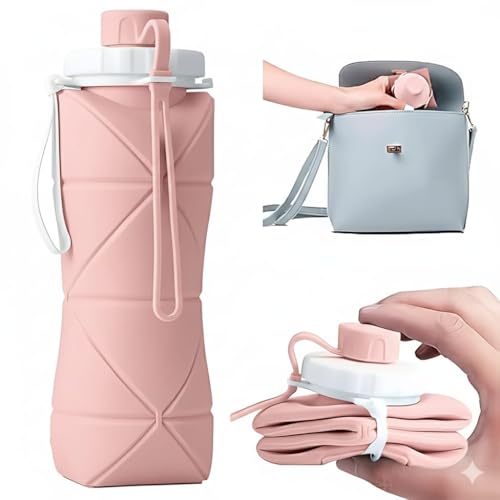 Image of Silicone Folding Water Bottle 600ML for Travel, Gym, Office, School - Food Grade, Leakproof, Lightweight & Reusable | Portable Collapsible Bottle for Men & Women (Pink)