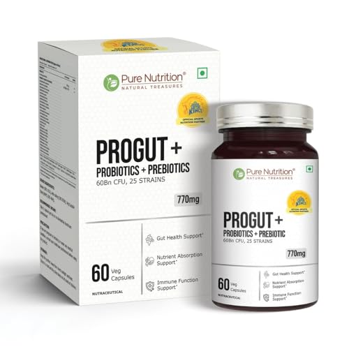 Image of Pure Nutrition Progut + | Probiotics Supplement 60 Billion CFU | Gut Health Supplements with Probiotic | Gut Cleanse with Prebiotics and Probiotics | Supports Digestive Health | Relief from Gas & Bloating - 60 Capsules