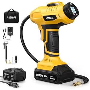 AstroAI Inflador inalámbrico de neumáticos de auto y moto, compresor de aire de 20 V, batería recargable, 160 PSI con adaptador de corriente de 12 V, medidor digital, (C2) amarillo JY16P160-18