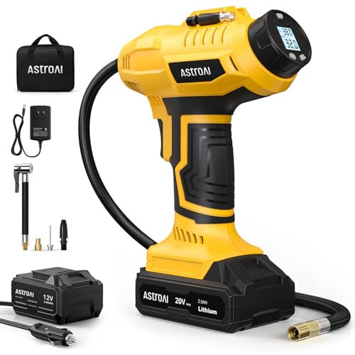AstroAI Cordless Tire Inflator Air Compressor 20V Rechargeable Battery Powered 160PSI Portable Handheld Air Pump with 12V Car Power Adapter Digital Pressure Gauge for Cars Motorcycles ACJY21LIDCYE