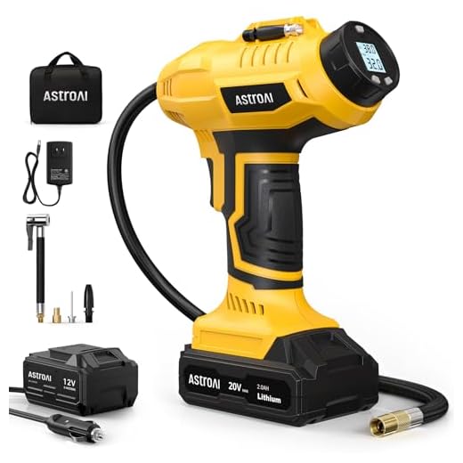 AstroAI Cordless Tire Inflator Air Compressor 20V Rechargeable Battery Powered 160PSI Portable Air Pump with 12V Car Power Adapter Digital Pressure Gauge for Cars Motorcycles JY16P160-18(C2)Yellow