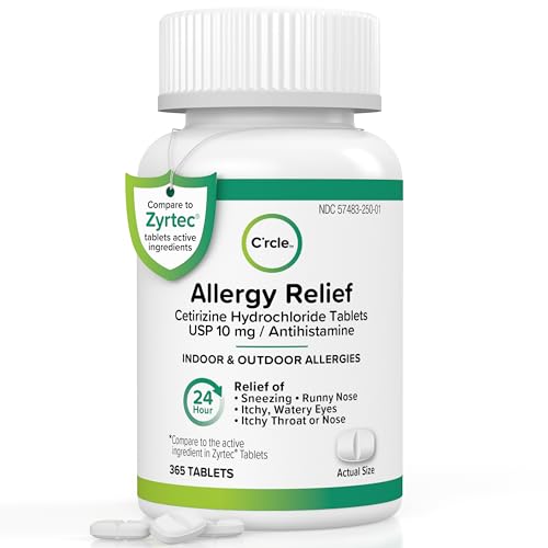 C'rcle Cetirizine HCL 10mg 365 Tablets - Allergy Pills Non Drowsy & 24 Hour Allergy Medicine - Antihistamine Runny Nose, Itchy & Watery Eyes
