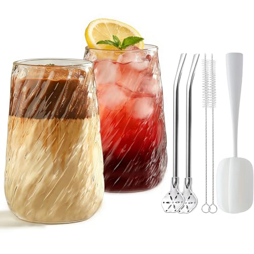 COEWUR Ribbed Drinking Glasses Set of 2-400ML Water Juice Gin Tumbler Cocktail Glasses Drinking Glassware, Highball Glass Cups, Ripple Beverage Tumblers Set, Ideal for Home Restaurant Events Parties