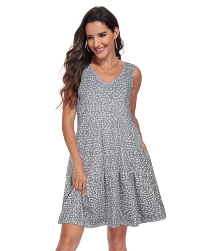 Image of Sundresses for Women Summer Sleeveless Tiered Swing V Neck Tank Dress | 2026 Casual Loose Tank Dress with Pockets, A-Line Flowy Beach Sun dress, Vacation Cruise Fashion Outfits
