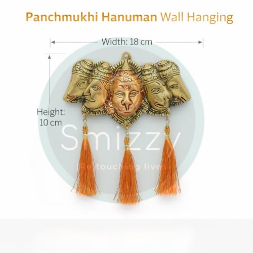 Image of Smizzy panchmukhi Hanuman for Door Entrance Hanging, Gold Finish Wall Hanging Statue Showpiece with Orange Latkan for Main Gate, Metal Hindu God anjaneya Swamy Idol for Pooja Room Temple Vastu, 1 pc