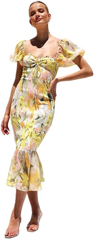 Size M Sunfere Womens Floral Dress Square Neck Summer Boho Sexy Split Dresses Fitted Sundress Puff Sleeve Mermaid Party Dress