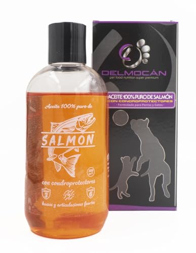 Aceite 100% Puro de salmón (Bote 250ml con tapón dosificador) -Suplementado con condroprotectores (5.000 MG/l) - Rico en ácidos grasos Ω3 y Ω6, EPA, DHA, LA - Huesos y cartílagos Fuertes.