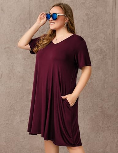 Image of OVERWORETY Womens Short Sleeve Plus Size T-Shirt Dress V Neck Casual Loose Swing A-Line Summer Tunic Dresses with Pockets