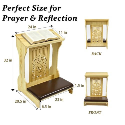 LZALMMS Tree of Life Church Prayer Bench Stool with Padded Kneeler Cushion & Angled Book Shelf, Solid Pine Wood Kneeling Bench for Home Chapel Worship, Natural Wood Finish by LZALMMS - Used condition - Image 2