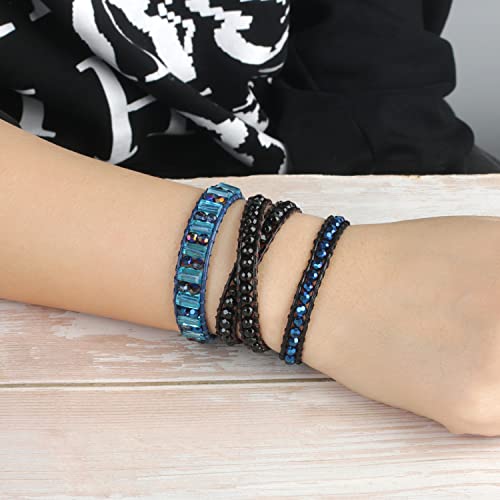 Image of KELITCH Double Wrap Bracelet Women Hand-Braided Turquoise Beads Bracelets Boho Leather Bracelets Bangle