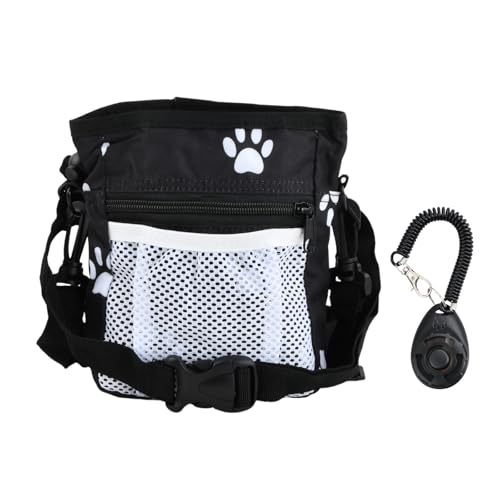 Kaslaider Traktatietas voor honden met clicker, hondentrainingstas met dispenser voor hondenzak, zak voor snacks met pootafdruk, waterdicht polyester, zwart