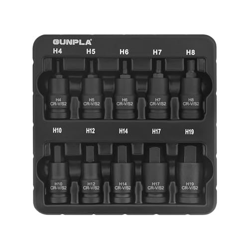 Gunpla 10pcs 1/2 inch Hex Impact Socket Bits Sets, Durable Allen Impacted Shallow Chrome Vanadium S2 Steel Phosphate Finished Drive Hexagonal Sockets Metric 4mm-19mm Tools Bit with Storage Tray