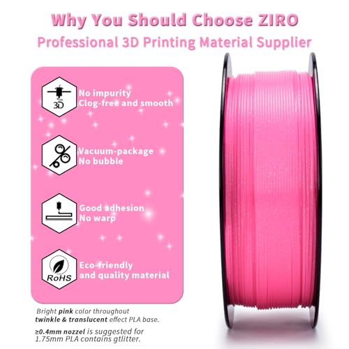 Image of ZIRO Sparkle PLA Filament 1.75mm, Shiny Glitter with Transluent PLA Base, Twinkling 3D Printer Filament, Galaxy Colorful Printing Material, 1kg /2.2lbs Spool, Twinkling Pink