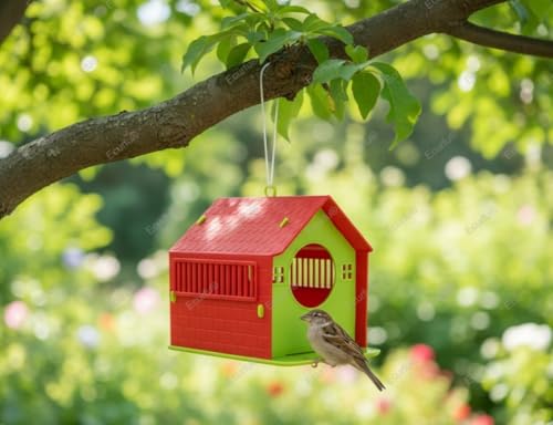 Image of Ecurfu Bird House | Sparrow House with Feeding Tray | Hanging Bird Feeder for Garden, Balcony, Outdoor