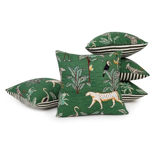 Image of Big Size Forest Theme Quilted Cushion Covers 24 inch x 24 inch Set of 5 Printed Square Cotton Throw Pillow Covers 60x60 cm Pack of 5 for Home Sofa Decoration