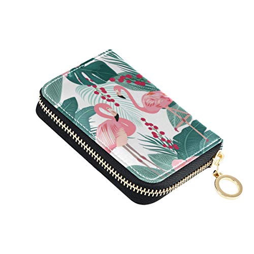 MOYYO RFID Credit Card Holder Case Tropical Palm Leaves Beautiful Flamingo Leather Printed Zipper Card Case Wallet for Women Girls