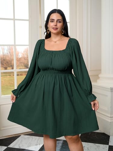 Plus Size Mini Dress for Curvy Women Long Sleeve Square Neck Elastic Waist A Line Textured Casual Short Fall Dresses4