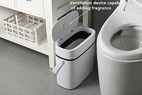 LikeU Plastic Trash Can with Lid,12L/3.2 Gallon Garbage Can,Modern Grey Waste Basket Thin Trash Cans with Handles for Bathroom,Living Room,Office,Kitchen and Narrow Spaces