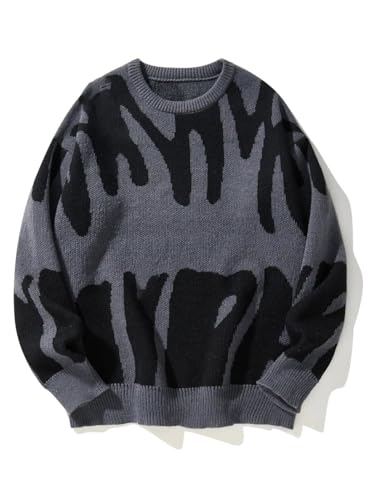 Mens Irregular Knit Pullover Casual Round Neck Contrast Color2