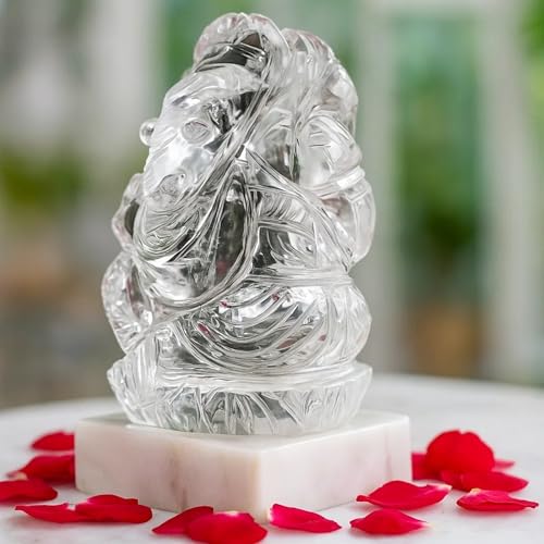 Image of Certified Sphatik Ganesha (10-20 Gram) | AAA Grade Clear Quartz Crystal Vinayaka Idol | with Pure Ganga Jal & Chandan | Spatika Ganapati for Puja & Meditation