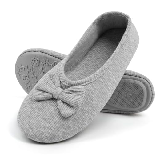 OFFCUP Mujer Ballet Pantuflas, Linda Decoración de Lazo de Cabeza Redonda Bailarinas Zapatillas, Cómodo Ligero Zapatos Tipo Ballet Mujer, Diseño de Suela de Goma Suave Antideslizante (Gris)