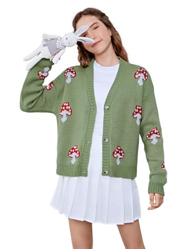 Image of Verdusa Girl's Graphic Sweater Long Sleeve V Neck Casual Button Down Cardigan Green a 14 Years
