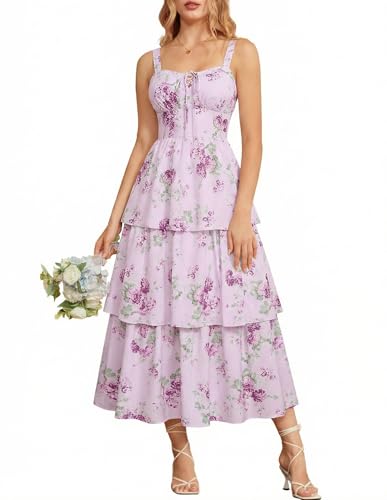 Wedding Guest Dresses for Women 2026 Sleeveless Floral Dress Lace Up Tiered Maxi Summer Sundress Purple Rose Size 14