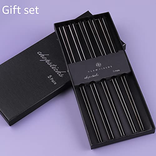 GLAMFIELDS Metal Chopsticks Reusable Chopsticks Dishwasher Safe Black Stainless Steel Japanese Style 5 Pairs Lightweight Cute Chop Sticks Gift Set