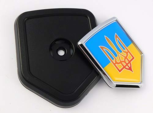 Image of Ukraine Flag with Trident Car Truck Black Shield Grill Badge Chrome Emblem 2.6 inch x 3.1 inch