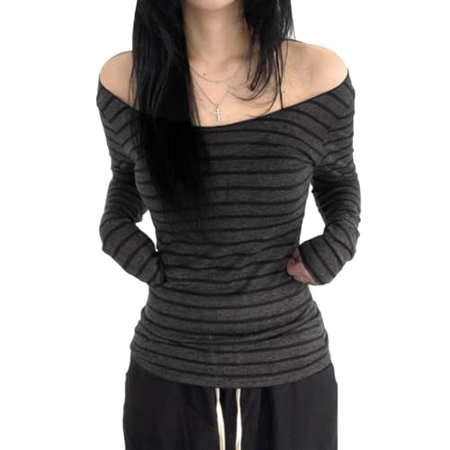 Women Striped Long Sleeve Grunge Shirt Tops Off The Shoulder Y2K Gothic Aesthetic Fairy T Shirts Vintage Tee Fall Clothes