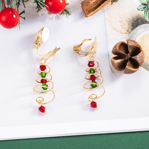 SELOVO Tree Shape Clip On Earrings Star Twist Green Red Dangle Earrings3
