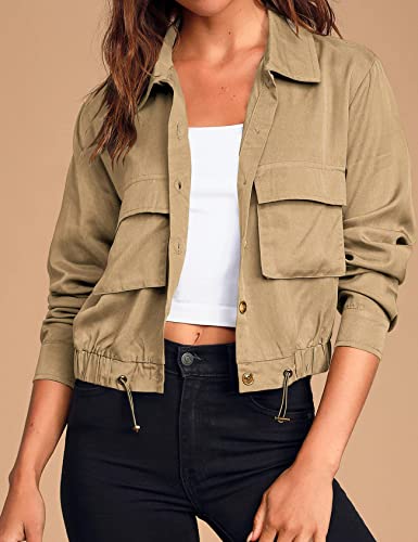 Yimoon Women's Casual Cropped Jackets Military Safari Button Drawstring Lightweight Utility Anorak Coat With Pockets(Khaki-L) #TOP1