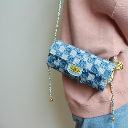 Image of Nova&Aria Women Small Shoulder Bags Quilted Crossbody Distressed Jean Denim Purse Evening Bag Clutch Handbag with Chain Strap-Checkered