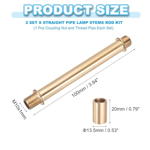 Image of PATIKIL Straight Pipe Lamp Stems Rod Kit, 2 Set M10 Carbon Steel 100mm(3.94 inch) Long Double End Thread Rod with Coupling Nuts Sleeve Connector for Table Lamps Chandeliers,Gold