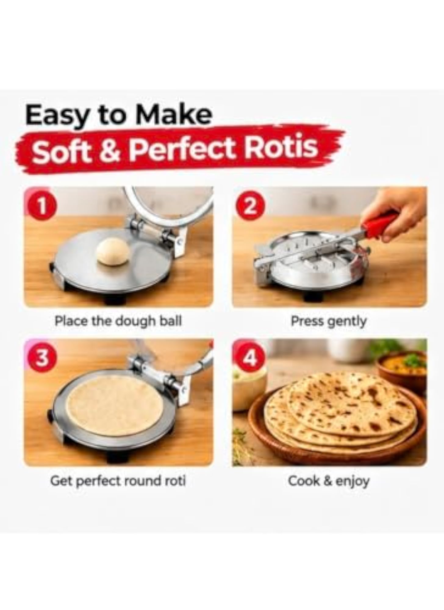 Stainless Steel Roti Puri Press Maker with Red Handle