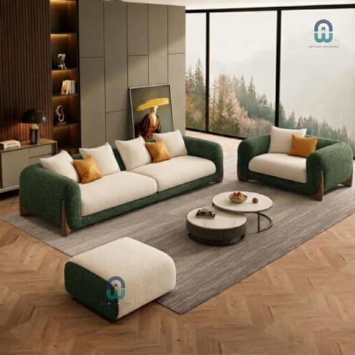 Image of Modern Sofa, Teddy Fabric, Chesterfield Style, Wooden Legs, for Living Room, Bedroom, Hallways (Green-Off White, 3+1+Ottoman)