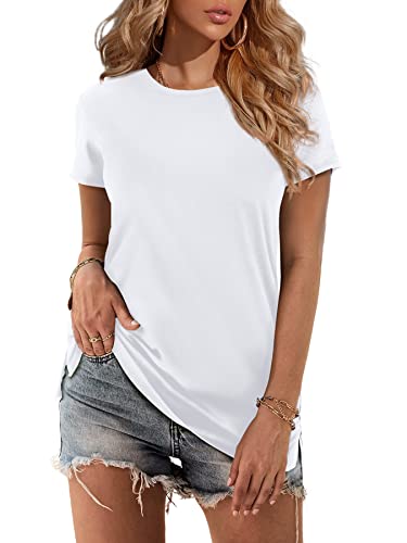 Amoretu Damen-T-Shirt, kurzärmelig, Rundhalsausschnitt, seitlich geteilt, Sommer-Top, Bluse - Weiß - XX-Large Cover